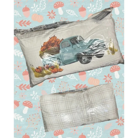 Tommy Bahama Teal Pumpkin Truck Print Twine Piping Feather Filled Decor Pillow - Picture 1 of 5